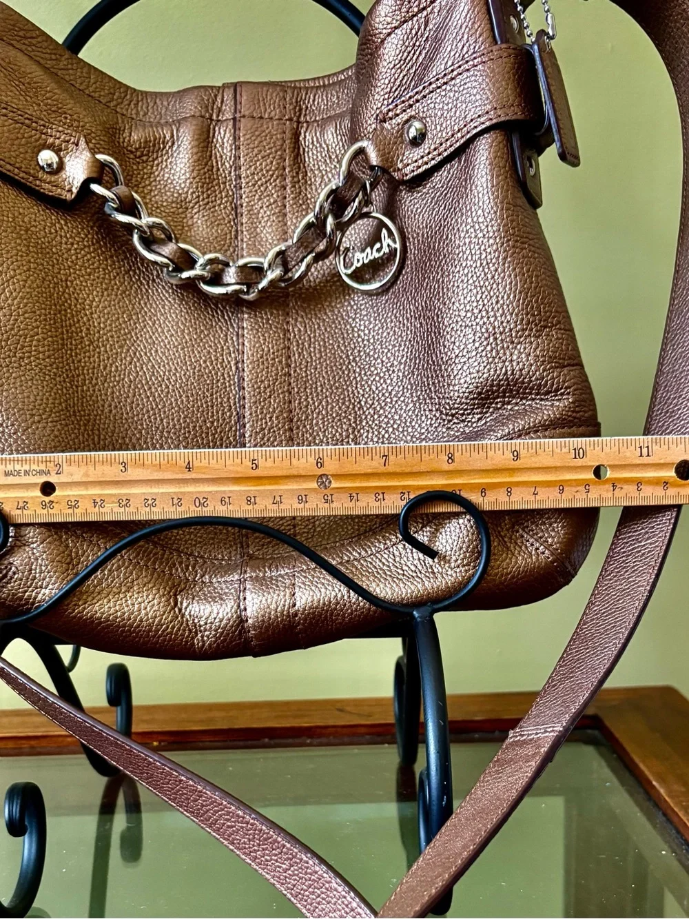 Coach Metallic Bronze Pebbled Leather Hobo Shoulder Bag with Chain Charm - Picture 7 of 13
